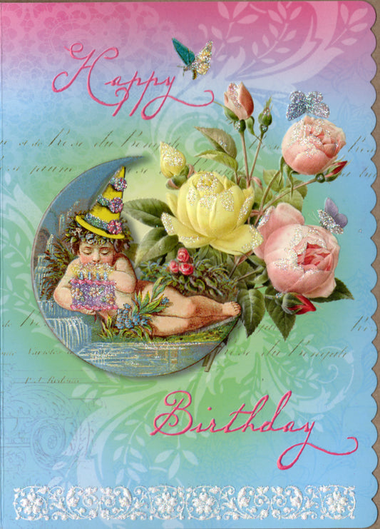 Birthday Cherub with yellow and pink roses embossed die cut general birthday greeting card by Carol Wilson. Inside: May all your birthday wishes come true! Retail $4.25  | CG4031 | 255816