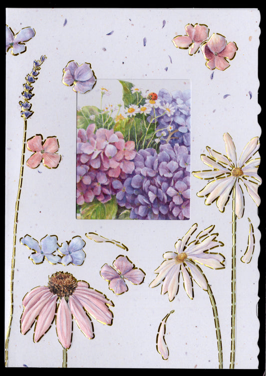 Blue Daisy and hydrangeas embossed die cut thinking of you get well greeting card by Carol Wilson. Inside: Thinking of you! Retail $4.25  | CG1032 | 255824