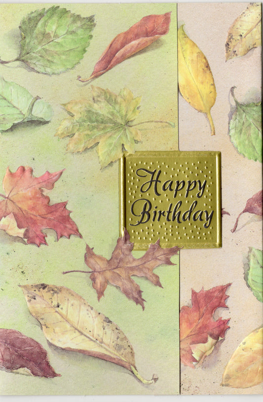 Falling Autumn leaves male embossed die-cut birthday card by Carol Wilson. Inside:          Gathering up wishes for a wonderful day. Retail $4.25  | CRG1154 | 255828