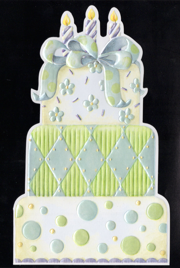 Modern 3 tier birthday cake in shades of green and blue embossed die cut general birthday greeting card by Carol Wilson Inside (Blank) Retail $2.95  | CG1195 | 255830