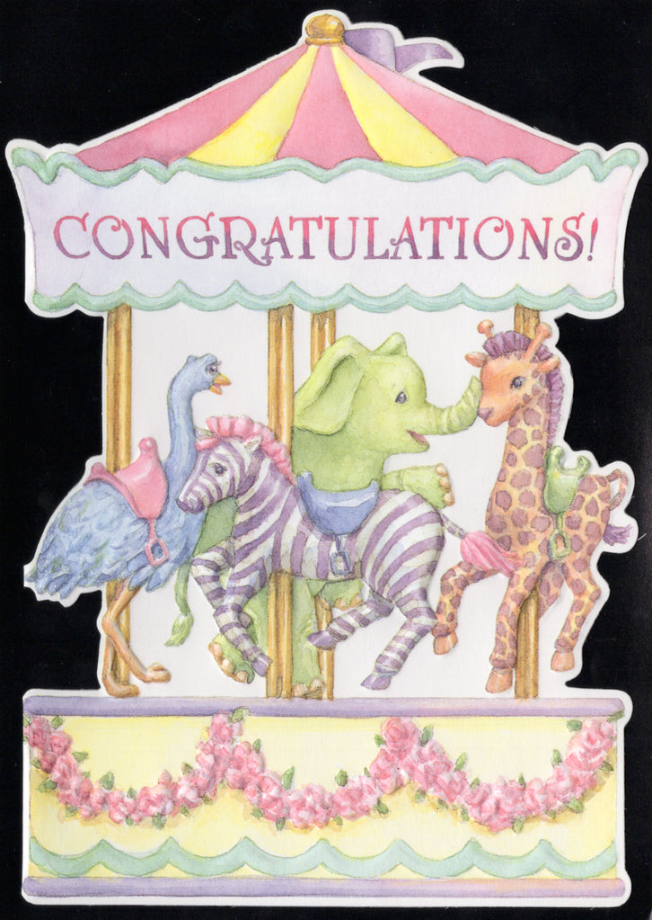 Classic merry go round general new baby embossed die cut greeting card by Carol Wilson. Inside: Babies make the world go round! Retail $4.25  | CRG1174 | 255859