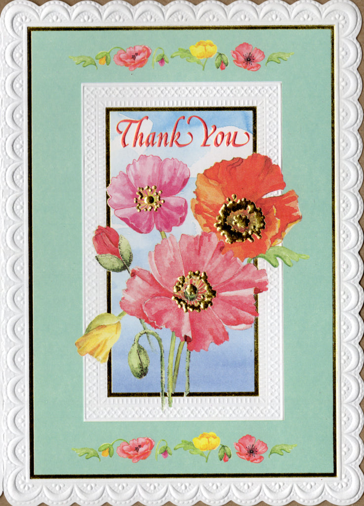 Red and pink poppies on a blue background. Thank you card by Carol Wilson. Inside: You always find a way to brighten my day! Retail $4.25  | CRG1237 | 255860