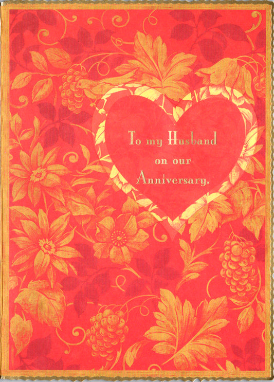 Red and gold rose pattern embossed die cut husband anniversary greeting card by Carol Wilson Inside: I love you with all my heart. Retail $4.25  | CRG6031 | 255862