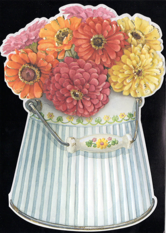 Red yellow orange and pink zinnia's  in a bucket bring happy birthday wishes in an embossed die cut greeting card by Carol Wilson. Inside: Wishing you a bright and beautiful birthday! Retail $3.50  | CG1149A | 255871