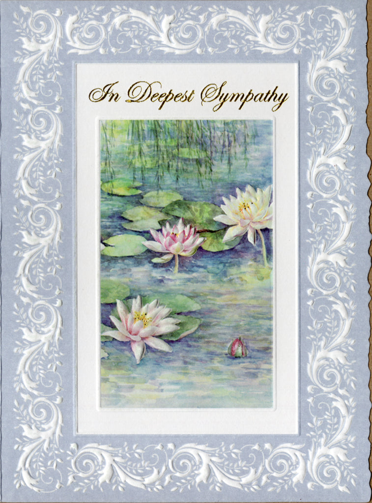 White water lillies with a blue border embossed die-cut sympathy greeting card by Carol Wilson. Inside: Thinking of you with love and wishing you peace and comfort. Retail $4.25.  | CRG1035 | 255873