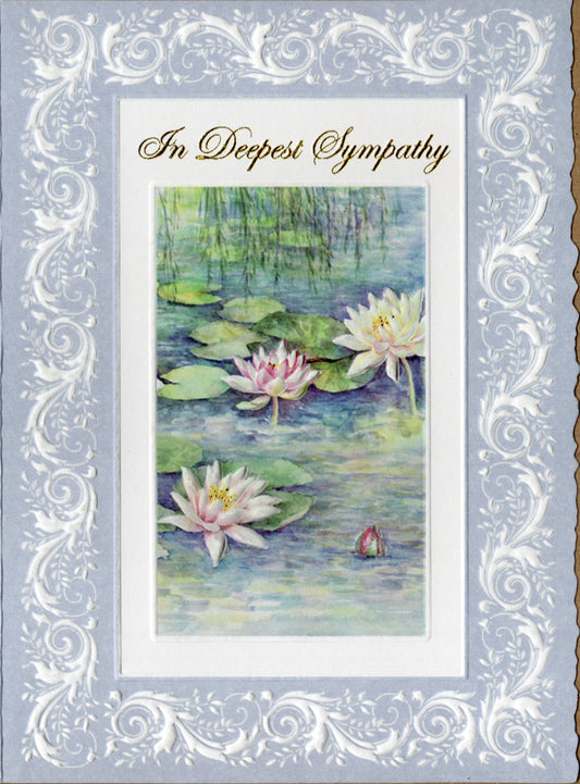 White water lillies with a blue border embossed die-cut sympathy greeting card by Carol Wilson. Inside: Thinking of you with love and wishing you peace and comfort. Retail $4.25.  | CRG1035 | 255873