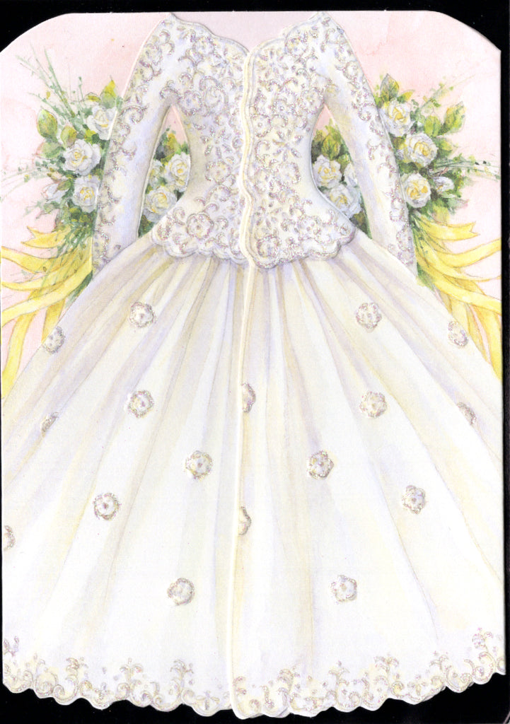 White and cream wedding dress shaped embossed die cut greeting card by Carol Wilson Inside: May love be with both of you today..... Retail $4.25  | CRG1041 | 255874