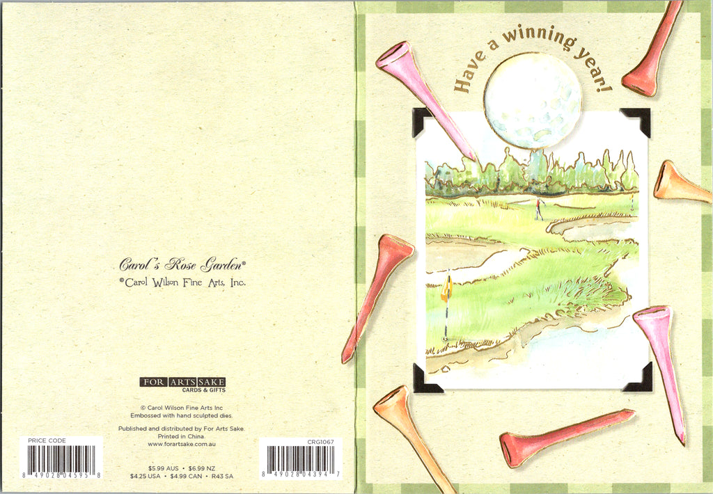 Golf tee and golf ball themed embossed die cut male birthday card by Carol Wilson. Inside Wishing you an enjoyable day! Retail $4.25 | CRG1067 | 255875