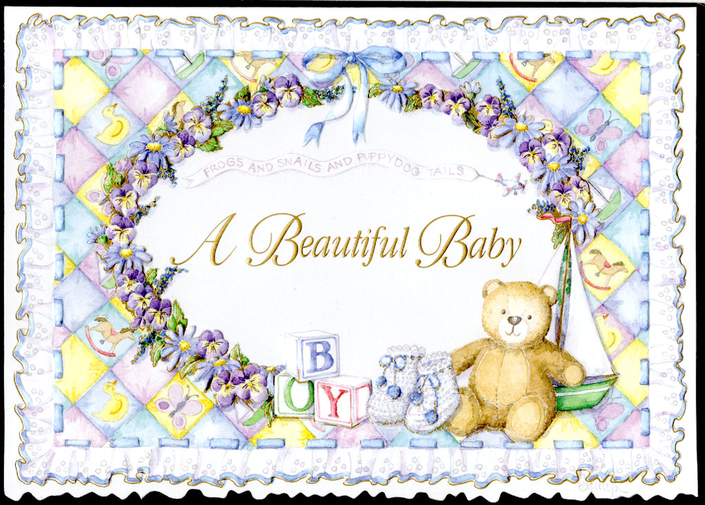 Beautiful baby boy embossed die cut new baby card by Carol Wilson Inside: To love and to cherish. Congratulations Retail $4.25  | CRG139 | 255878