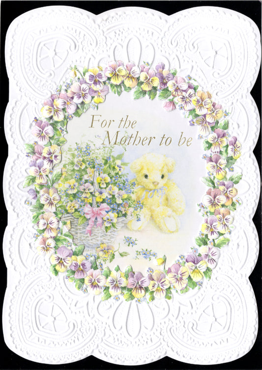 Teddy bear new mother-to-be embossed die cut greeting card by Carol Wilson. Inside: Showers of good wishes! Retail $4.25  | CRG198 | 255880