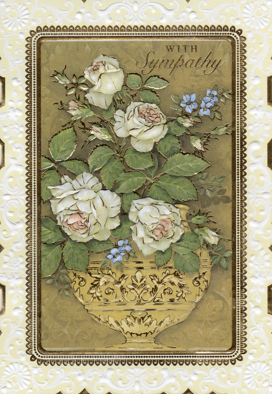 Urn of white roses embossed die-cut sympathy greeting card by Carol Wilson. Inside: With sympathy. There are no easy words to express sympathy.... Retail $4.99.  | CRG1576 | 255881