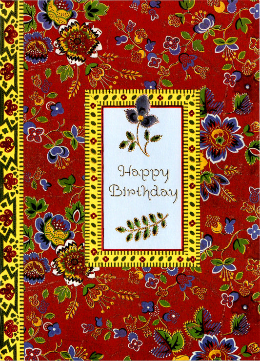 Red country themed floral pattern embossed die cut general birthday greeting card by Carol Wilson. Inside: Heartfelt wishes of happiness and good cheer. Retail $3.25.  | CG1395 | 255889