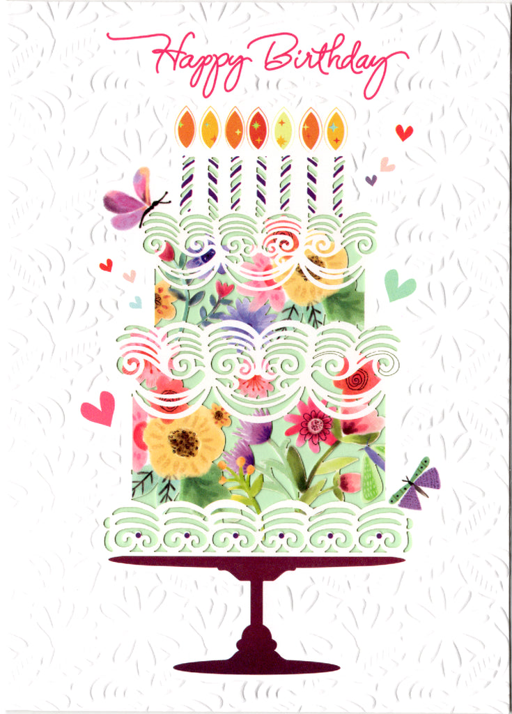 Birthday cake shaped floral themed laser cut embossed card. Blank inside. embossed die-cut envelope.  Retail $4.99 | CRG0290 | 255986