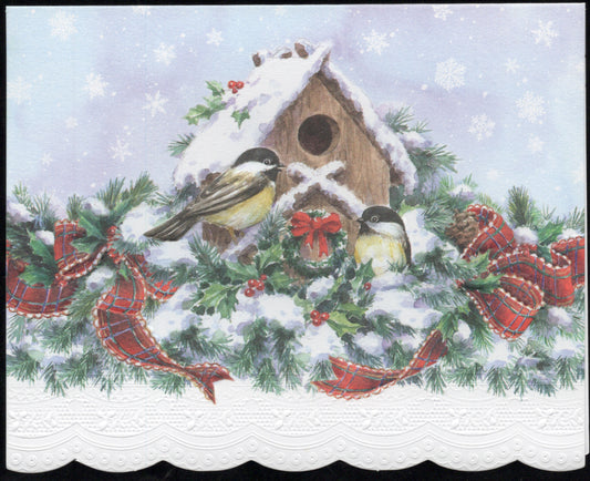 Christmas Holiday Snowy Birdhouse Portfolio Boxed Note Cards by Carol Wilson. 10 embossed 4x5 Die-Cut Notecards and Matching Envelopes in Decorative Gift Box with Magnetic Flap. NCPX2423 | 256023