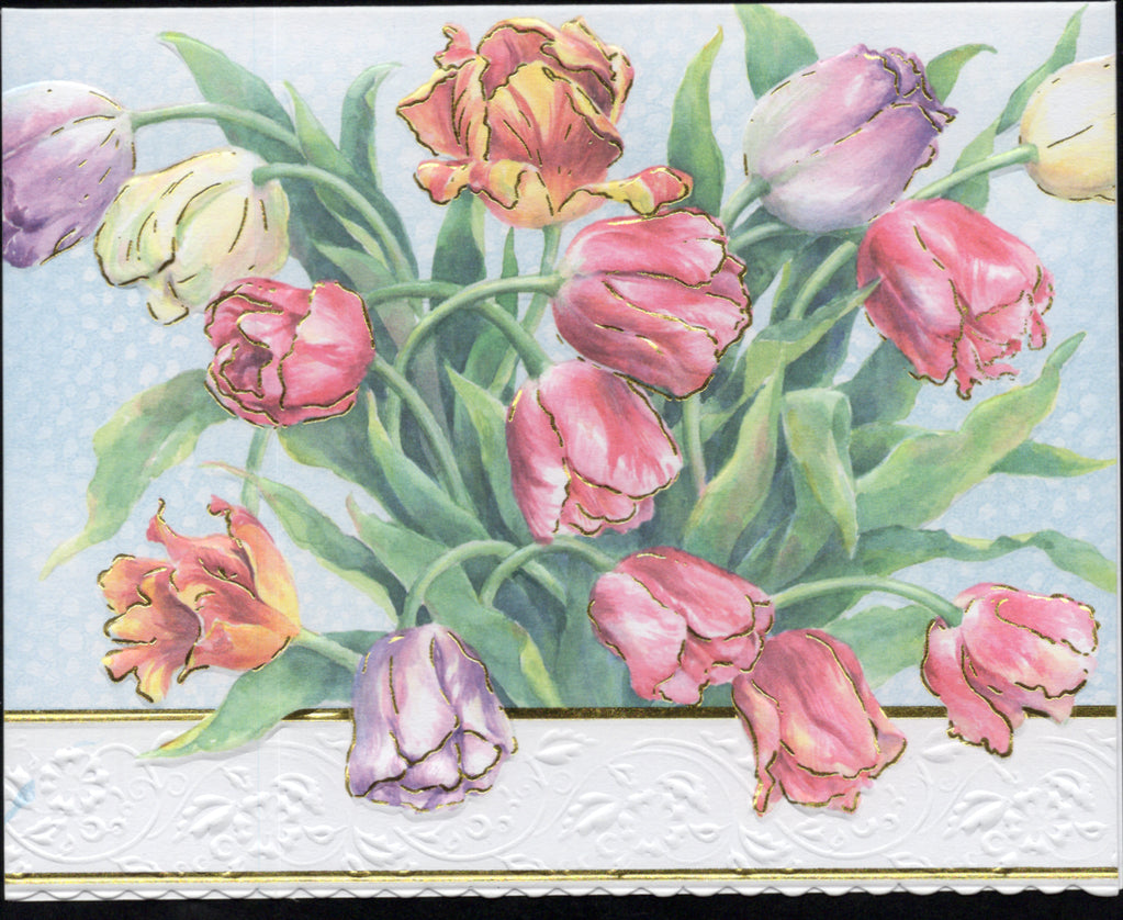 Tulips Portfolio Boxed Note Cards by Carol Wilson. 10 embossed 4x5 Die-Cut Notecards and Matching Envelopes in Decorative Gift Box with Magnetic Flap. NCP2506 | 256038