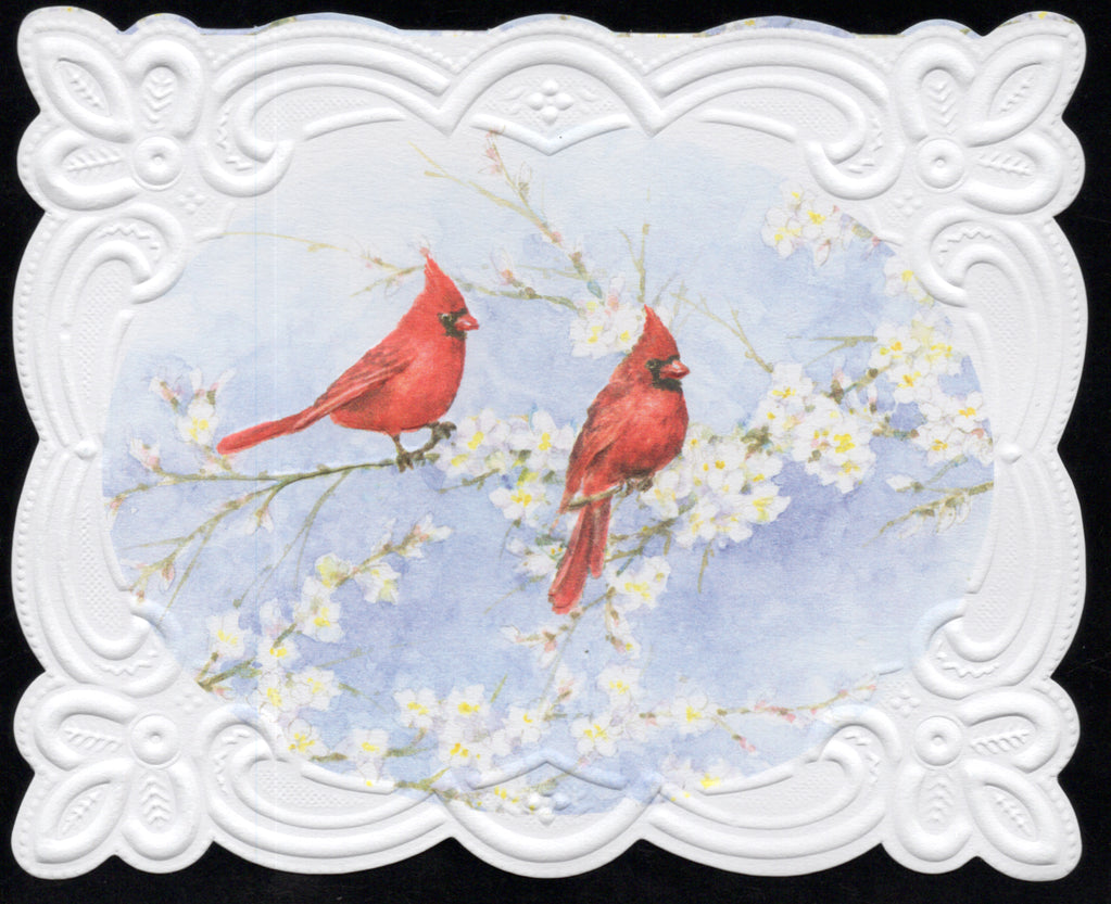 Red Cardinals on blue Portfolio Boxed Note Cards by Carol Wilson. 10 embossed 4x5 Die-Cut Notecards and Matching Envelopes in Decorative Gift Box with Magnetic Flap. NCP2700 | 256043