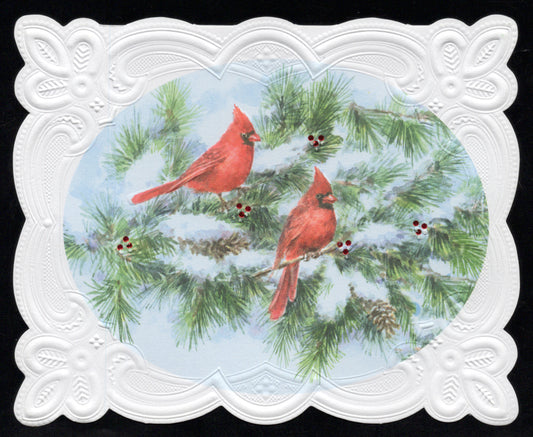 Christmas Holiday Cardinal Birds Portfolio Boxed Note Cards by Carol Wilson. 10 embossed 4x5 Die-Cut Notecards and Matching Envelopes in Decorative Gift Box with Magnetic Flap. NCPX2020 | 256047