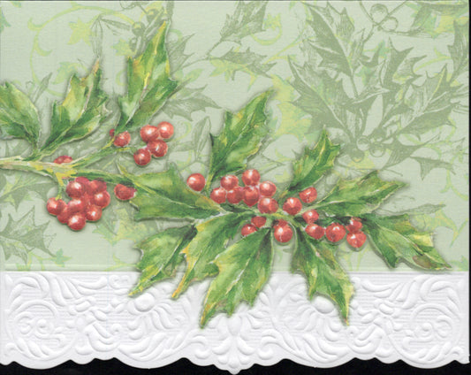 Christmas Holiday Holly Berry Portfolio Boxed Note Cards by Carol Wilson. 10 embossed 4x5 Die-Cut Notecards and Matching Envelopes in Decorative Gift Box with Magnetic Flap. NCPX2237 | 256049