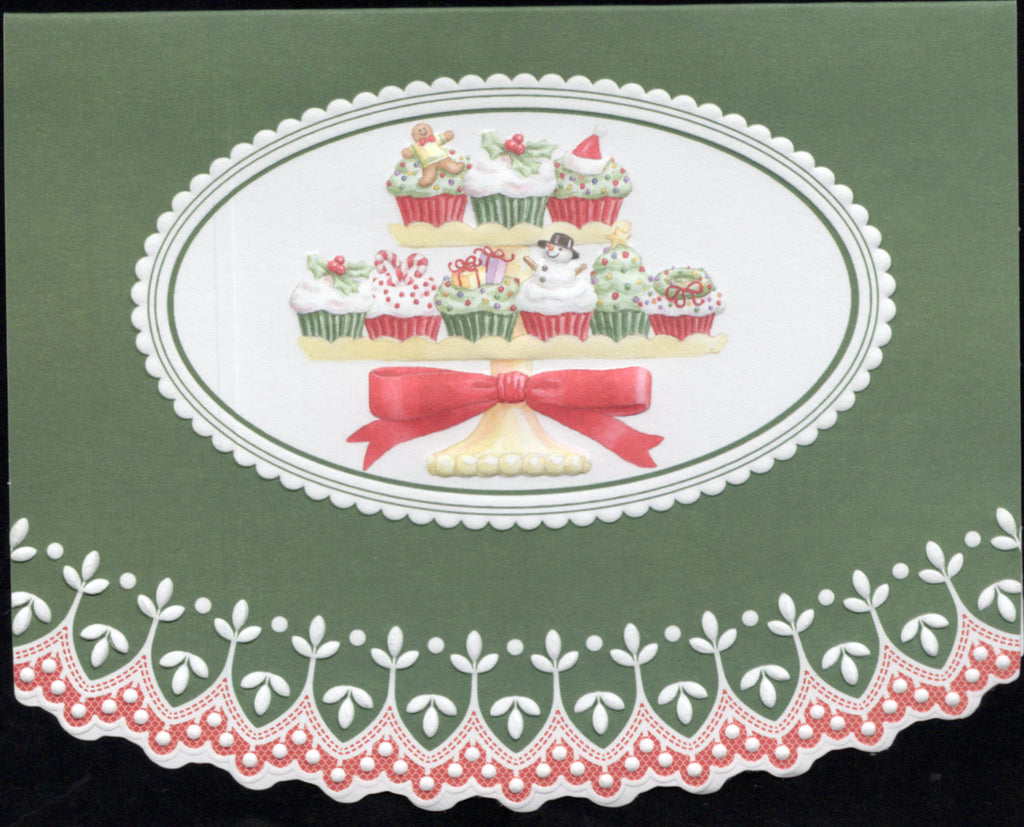 Christmas Holiday Tiered Cupcakes Portfolio Boxed Note Cards by Carol Wilson Fine Arts. 10 embossed 4x5 Die-Cut Notecards and Matching Envelopes in Decorative Gift Box with Magnetic Flap. NCPX2500 | 256051