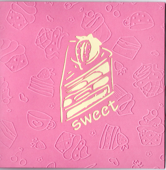 Strawberry cake dessert surprise embossed 6x6 Pop-Up Greeting Card by Carol Wilson. Inside: Blank. Retail $6.99 | CRG0120 | 256062