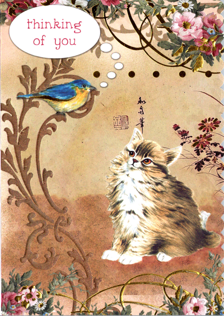 Cat and bird themed thinking of you card. embossed and die-cut by Carol Wilson. Inside: Just a little note to let you know I am thinking of you. Retail $4.99  | CRGN4023 | 256066