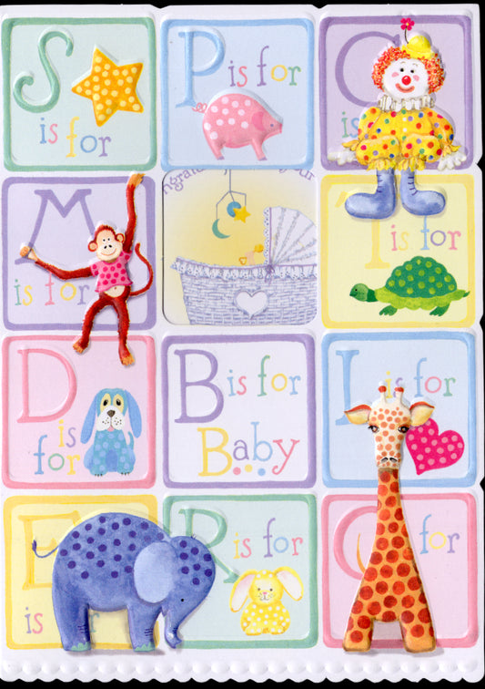 New Baby Letter Blocks baby greeting card.  Retail $3.49.  Inside: Congratulations on your new bundle of joy. | CRG1245A | 256067