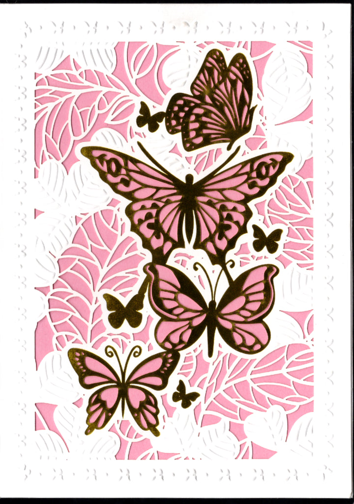 Pink and gold Butterfly on a white background laser cut embossed card. Blank inside. embossed die-cut envelope.  Retail $4.99 | CRG0147 | 256073