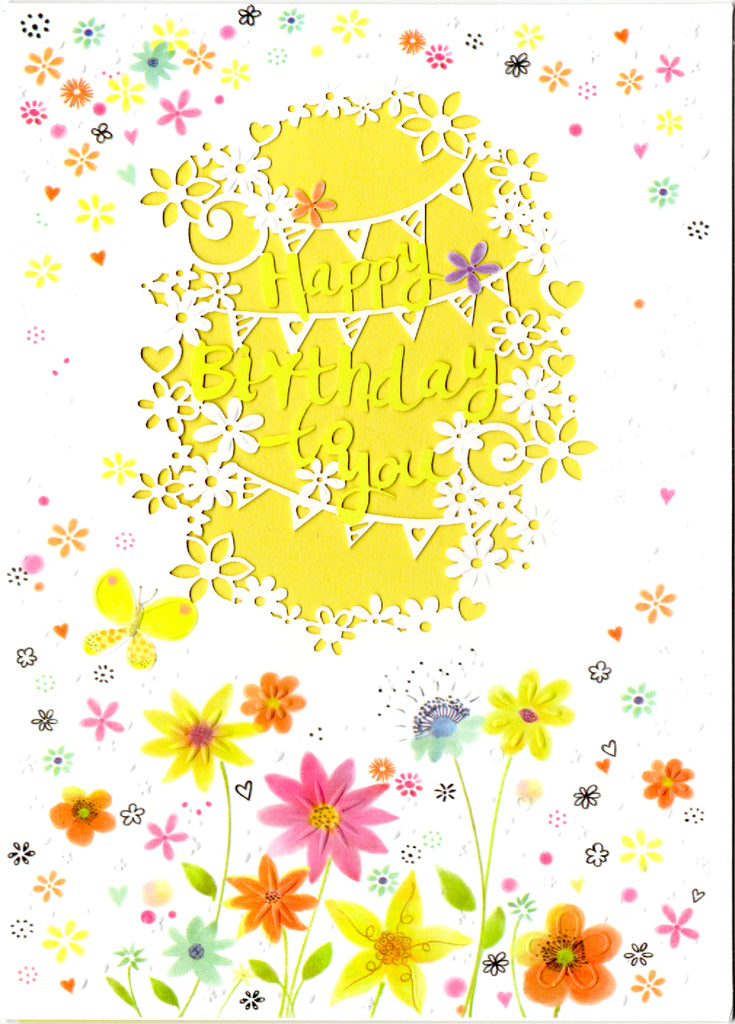 Whimsical flowers and Happy Birthday on  laser cut embossed card. Blank inside. embossed die-cut envelope.  Retail $4.99 | CRG0187 | 256075