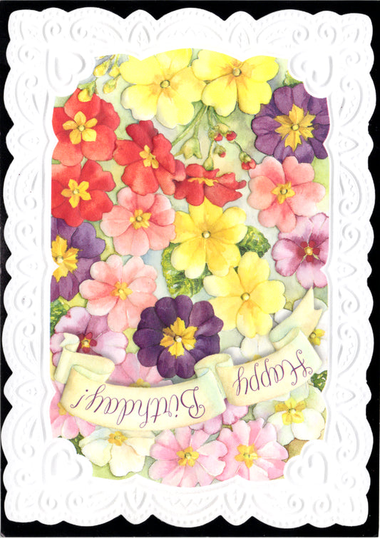 Bright flowers and a happy birthday banner! Embossed die-cut birthday greeting card by Carol Wilson. Inside: Another year older and even more dear. Happy Birthday! Retail $4.25 | CG1120 | 256095