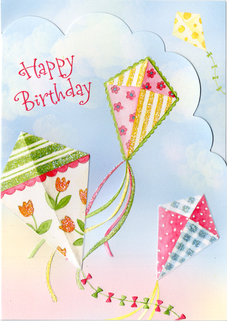 Up up and away birthday kites against the blue sky embossed die cut general birthday greeting card by Carol Wilson. Inside: The sky's the limit so have a great birthday! Retail $3.95  | CG1653 | 256096