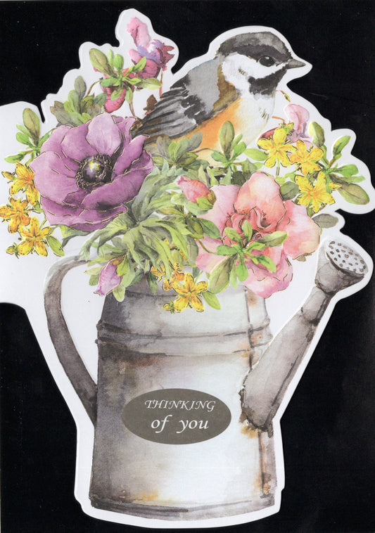 Spring Robin floral watering can birthday greeting card by Carol Wilson. Inside: May love and joy blossom on your birthday and always! Retail $4.99  | CRGN7001 | 256097