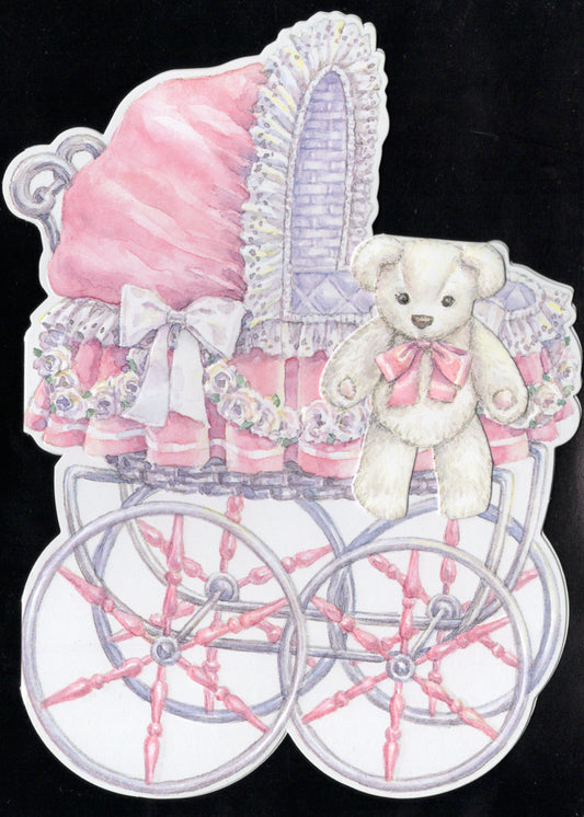 Pink baby girl pram embossed die cut greeting card by Carol Wilson. Retail $4.99.  | CG1176 | 256101