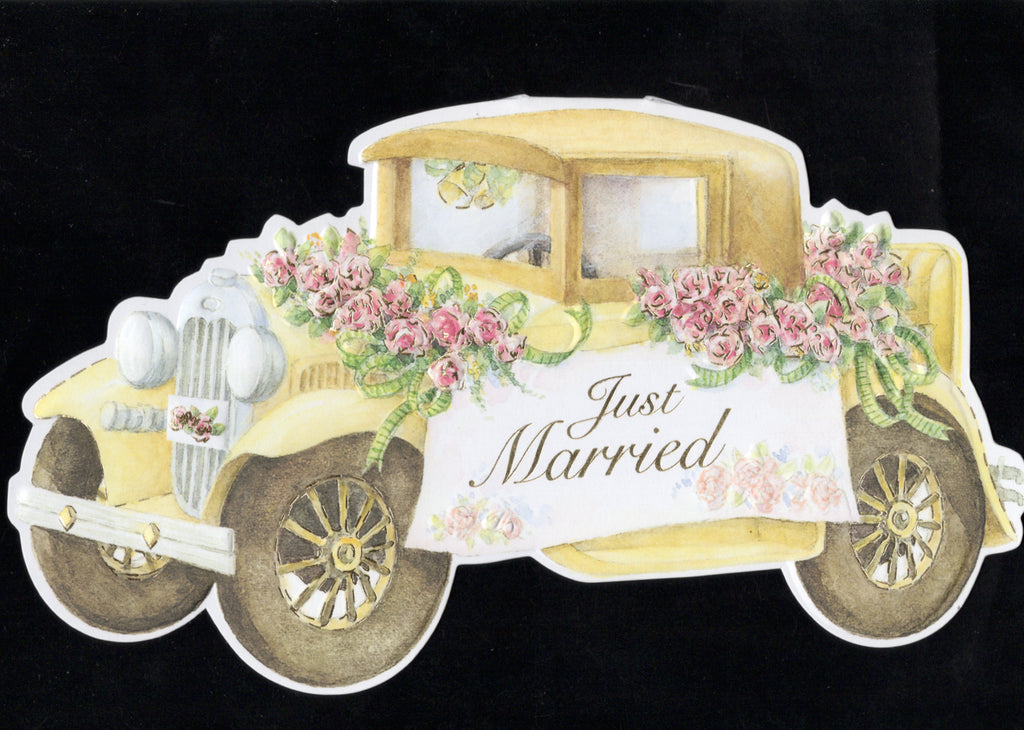 Wedding 'Just Married' car embossed die cut greeting card by Carol Wilson. Retail $4.99  Inside: Wishing you much love and happiness on the road ahead. Congratulations on your marriage! | CG1160 | 256108