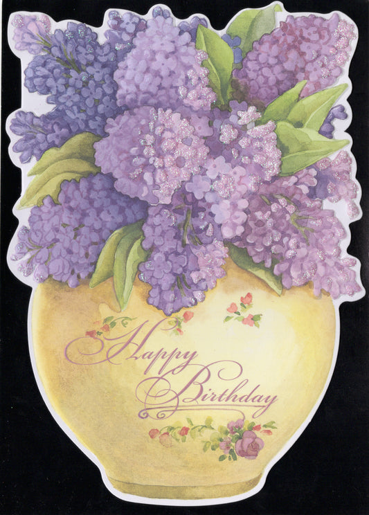 Purple lilacs in a golden vase embossed die cut general birthday greeting card by Carol Wilson. Inside: Today is the day that is just for you! Retail $4.25  | CRG1338 | 256111