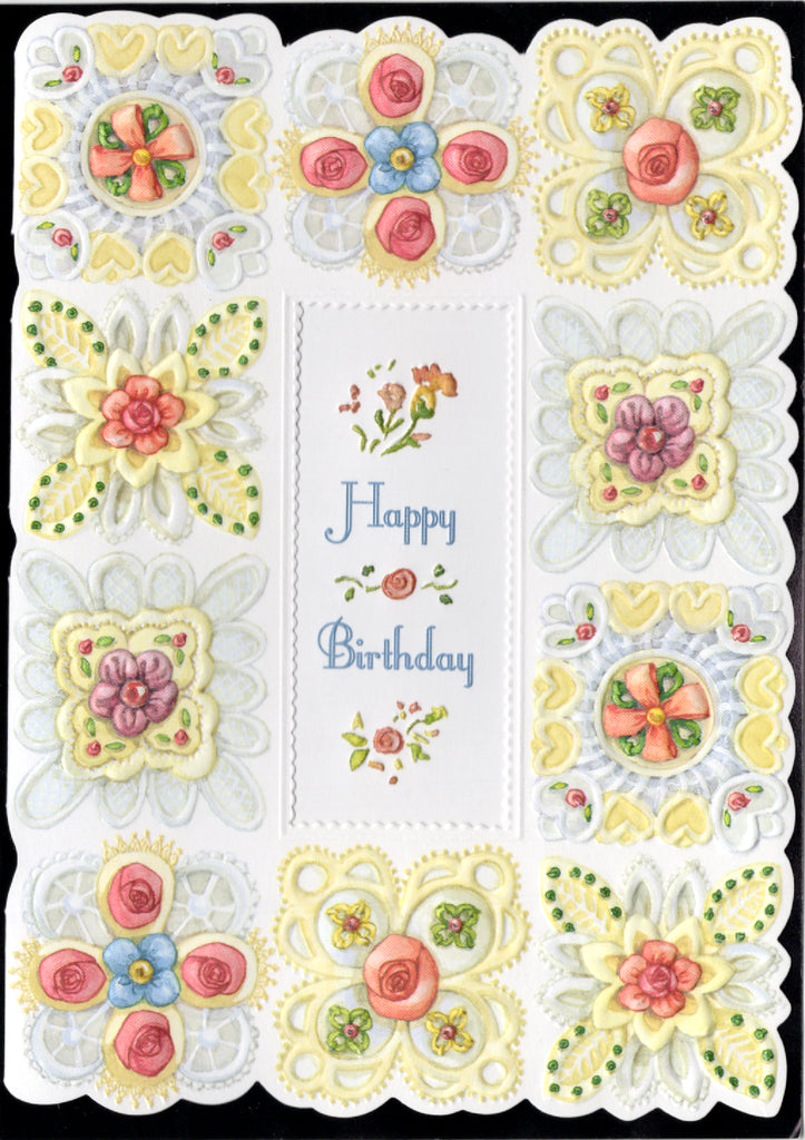 Floral button patchwork pattern embossed die cut general birthday card by Carol Wilson. Inside: Happy Birthday! Retail $3.50  | CG1271A | 256117