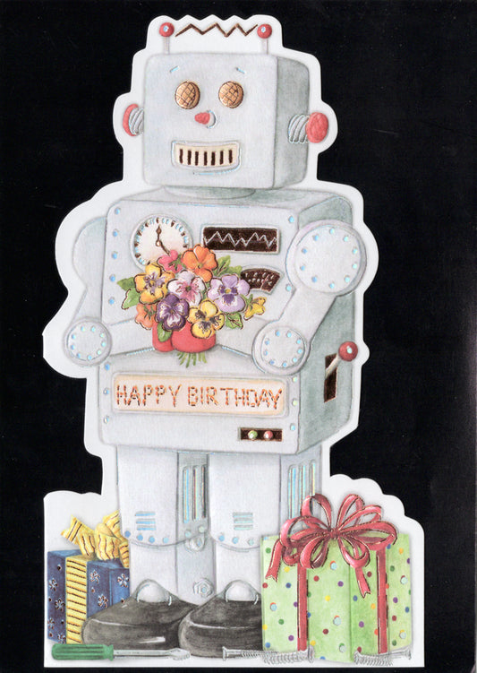 Robot themed embossed die cut male or kid birthday greeting card by Carol Wilson. Inside: Affirmative! I wish you an electrifying birthday! Retail $4.25.  | CRG1514 | 256118