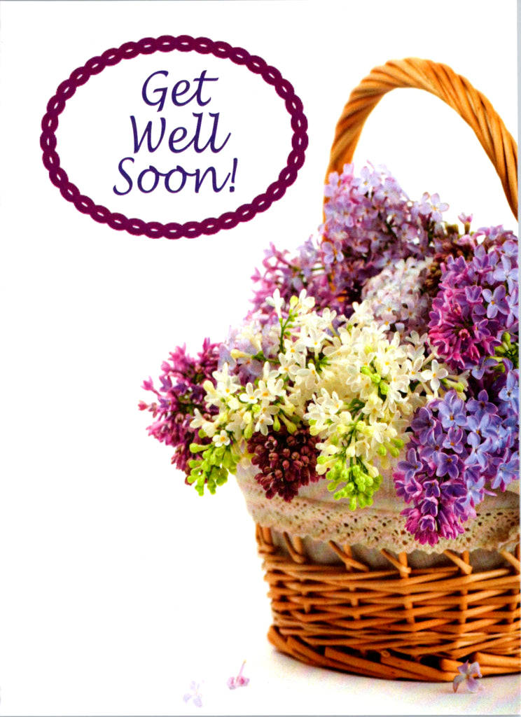 Get well lilac basket inside message Sending good wishes as you recover Greeting Card Retail $3.99 | DGC1028 | 256121