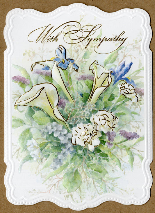 White calla lilies purple iris carnations lily of the valley floral embossed die-cut sympathy greeting card by Carol Wilson. Inside: Thinking of you during this time of sorrow. Retail $4.99.  | CRG1531 | 256175