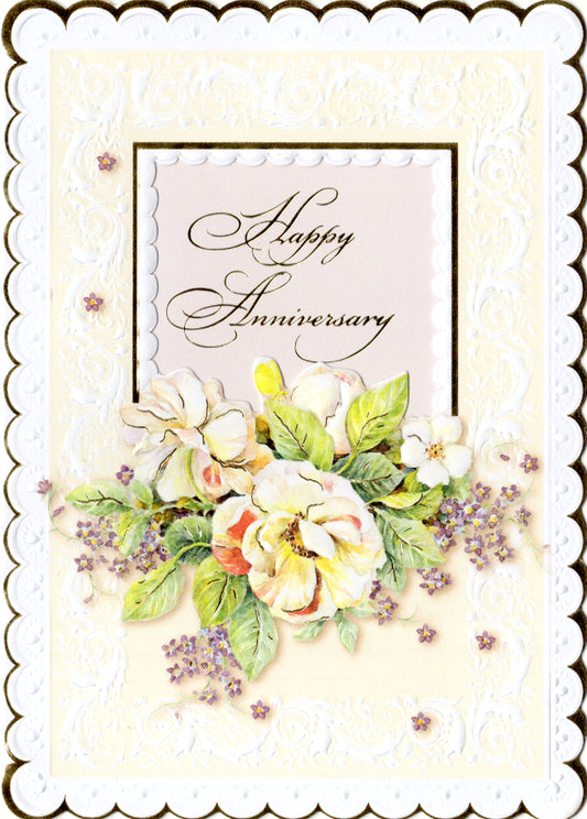 Your anniversary floral cream rose embossed die cut anniversary card by Carol Wilson. Inside: With love to a wonderful couple. Retail $4.25  | CRG1072 | 256183