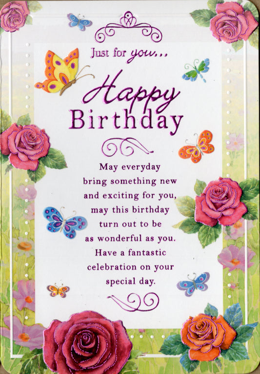 Roses and Butterfly female birthday greeting card. Inside message: May all your dreams come true! Retail $3.99 | 8597 | 256209