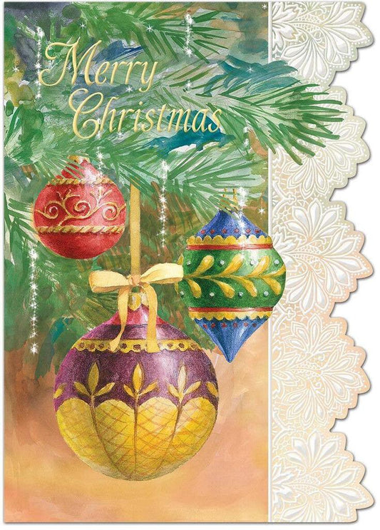 JEWEL TONED CHRISTMAS ORNAMENTS ON TREE embossed die cut Christmas greeting card. Retail $4.25 Inside Hope your Christmas sparkles with happiness. | CRGX3127 | 257875