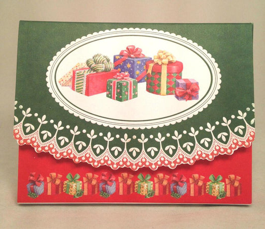 Christmas Holiday Present Gift Stack Portfolio Boxed Note Cards by Carol Wilson. 10 embossed 4x5 Die-Cut Notecards and Matching Envelopes in Decorative Gift Box with Velcro Flap. NCPX2345 | 259274