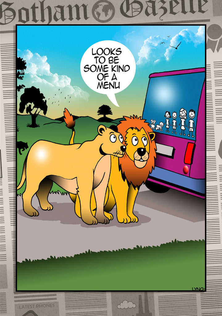 Mark Lynch Buffet Time Lion Animal Park Zoo Family Car Menu Funny Birthday Greeting Card 5x7 | 1118 | 259284