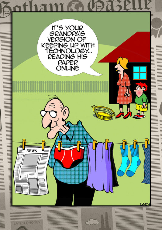 Mark Lynch Grandfather Reading Newspaper Online Clothes Line Technology Funny Birthday Greeting Card 5x7 | 1151 | 259317