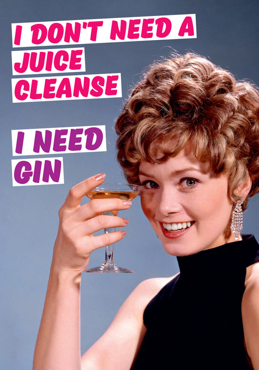 Dean Morris Juice Cleanse Woman Smiling Holding Alcohol Funny Greeting Card 5x7 DMA277 | 259422