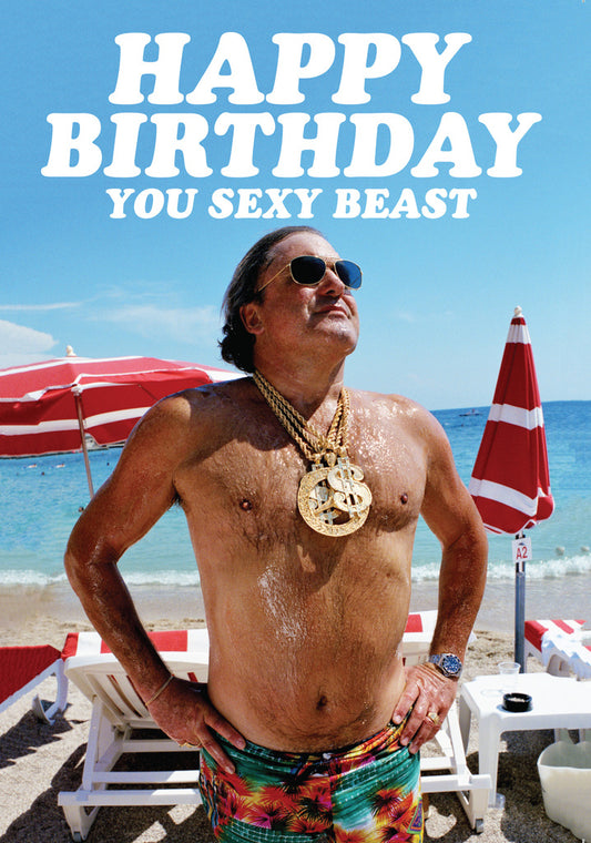 Dean Morris Sexy Beast Man Beach Gold Medallion Funny Birthday Greeting Card 5x7 DMA293 | 259429