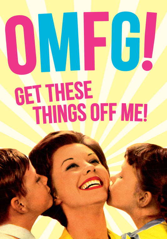 Dean Morris Get These Things Off Me Kids Kissing Mom Retro Funny Greeting Card 5x7 DME62 | 259581