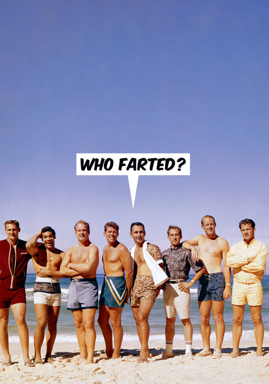 Dean Morris Who Farted Group Of Men Posing Beach Funny Greeting Card 5x7 DMU163 | 259616