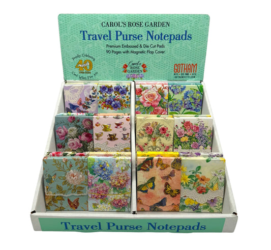 Travel Purse Pad prepack by Carol Wilson. 72 pieces total (6 pieces of 12 designs) . Fills countertop retail display sold separately. 259752 | EMBPURCRG19SS | 259752