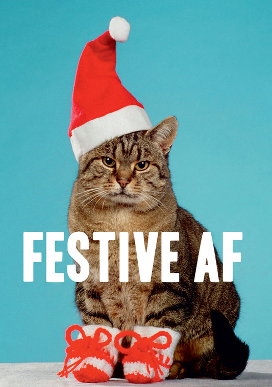 Dean Morris Festive Af Cat Wearing Santa Hat Booties Funny Christmas Greeting Card 5x7 DMX263 | 259897